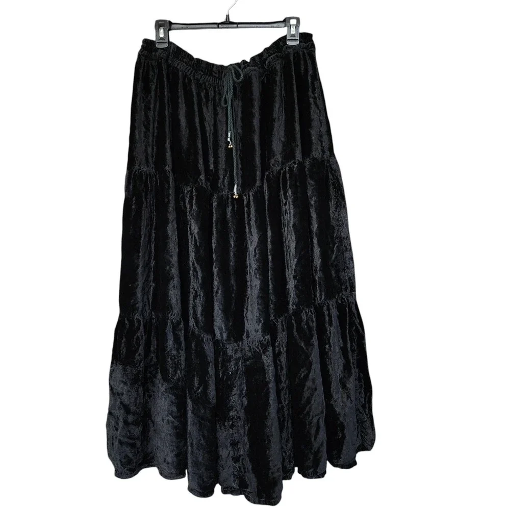 Black Tiered Velvet Maxi Skirt Whimsigoth Fairy Grunge Large XL One Size Rayon